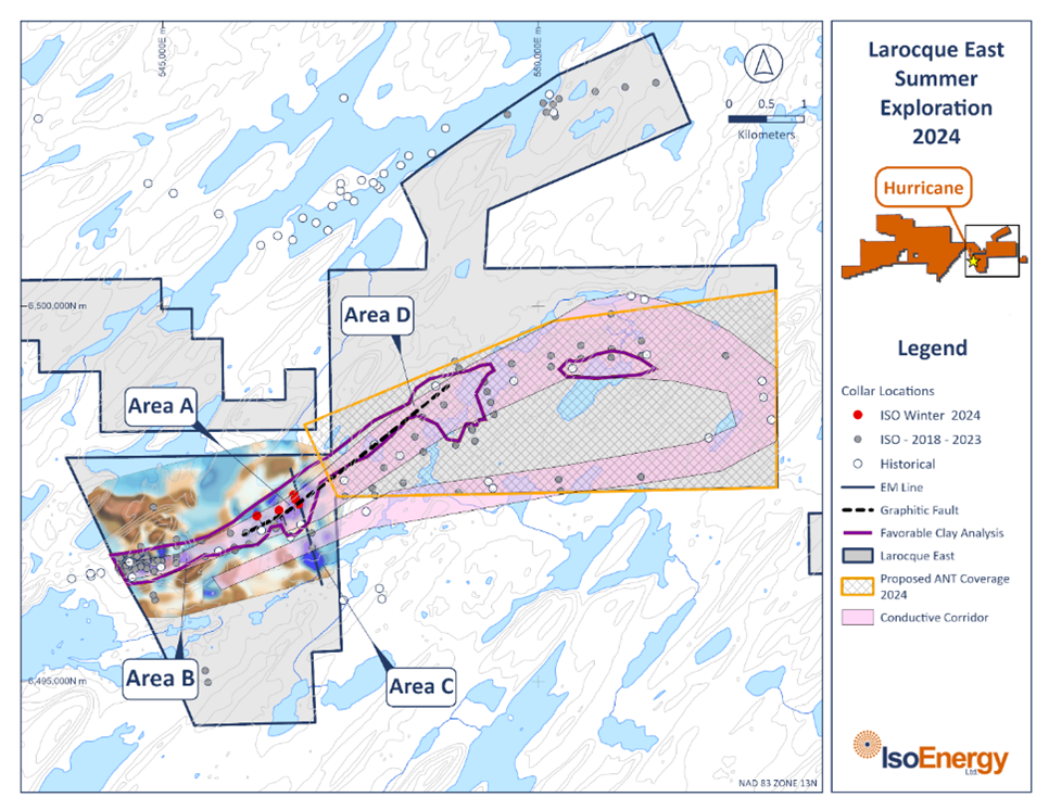 Larocque East planned 2024 summer exploration includes additional ANT surveys along the eastern extension of the highly prospective Hurricane conductor corridor and diamond drilling in four target areas (labelled “A” through “D”)