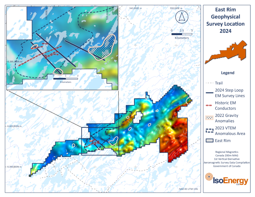East Rim project map showing the area of interest in which three step loop transient ground EM surveys lines were completed during the winter 2024.  The surveys were designed to profile an area in enhanced conductivity was recorded in 2023 VTEM surveys and historic ground EM surveys, structural disruption and clay alteration are recorded in historic drill hole logs, and density lows were recorded by a 2022 Falcon gravity survey, all within an east-northeast trending favourable magnetic low corridor. Summer 2024 diamond drill holes will be planned once the EM survey interpretation is received.