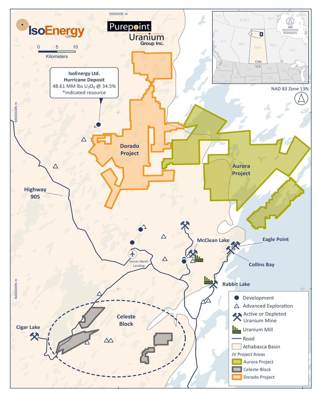 Figure 3: IsoEnergy and Purepoint Uranium Joint Venture including, Dorado Project, Aurora Project and Celeste Block